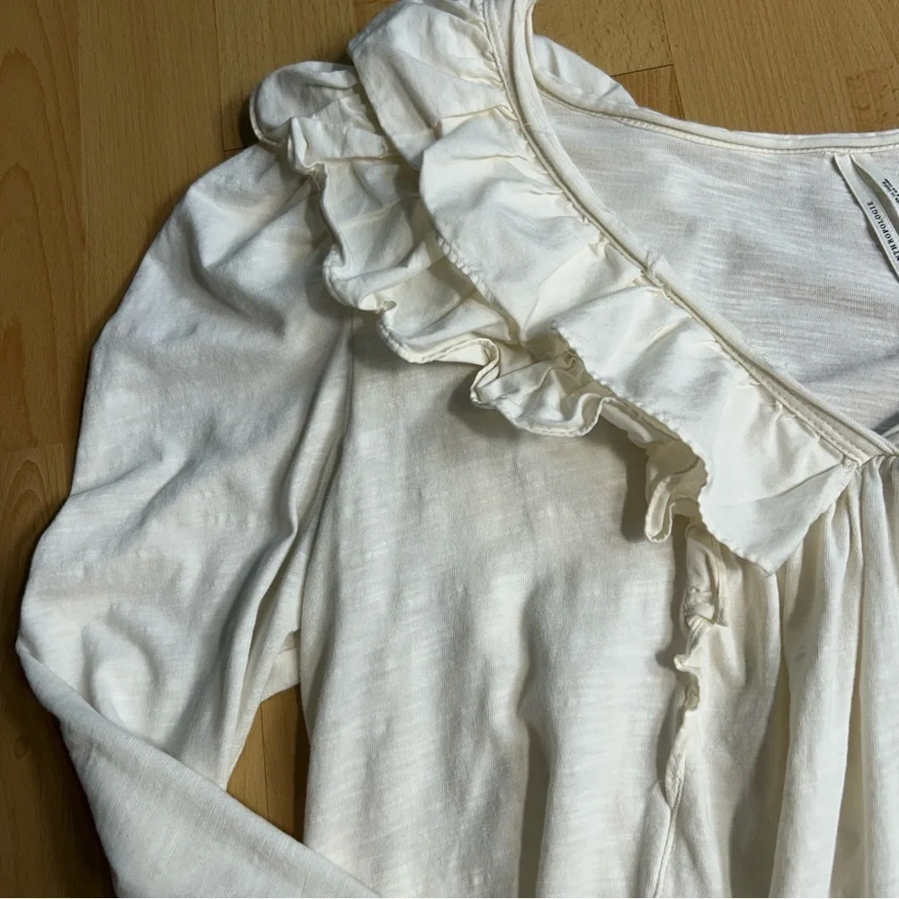 Anthropologie Cream‎ Ruffled V-Neck Puff Shoulder Blouse Cotton Small